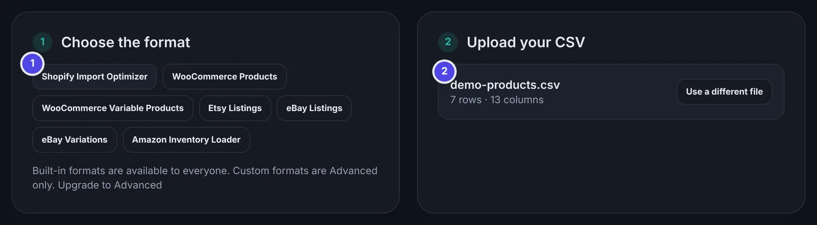 Shopify seçili format seçici ve satır ile sütun sayısını gösteren yüklenmiş bir dosya