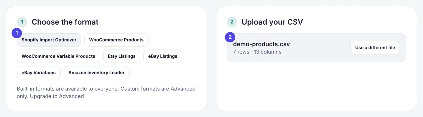 Shopify seçili format seçici ve satır ile sütun sayısını gösteren yüklenmiş bir dosya